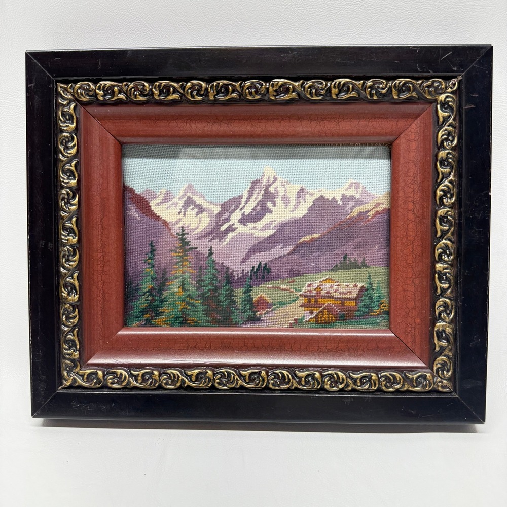 Vintage Framed Needlepoint Mountain Landscape Cabin Scene Purple Peaks
